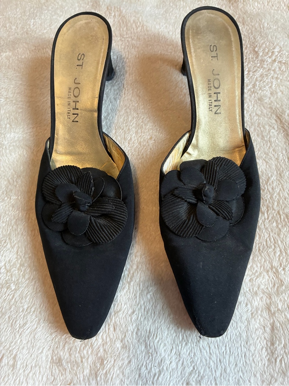 Italian Made St. John Black Pointed-Toe Mules with Floral Appliqué